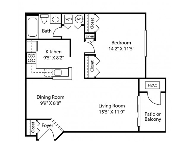 Plano de One Bedroom One Bath (709 SF), que muestra 1 habitación