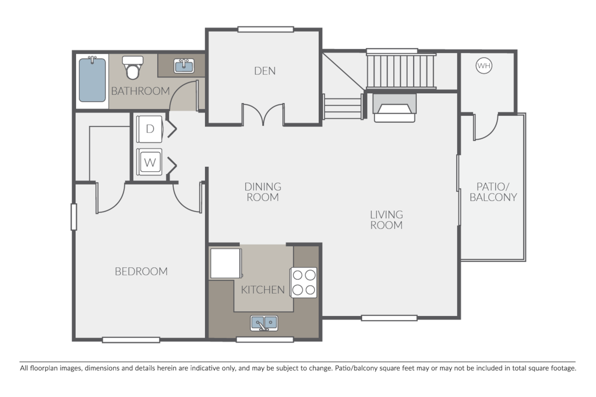 Floorplan diagram for 1 Bed 1 Bath Den B, showing 1 bedroom