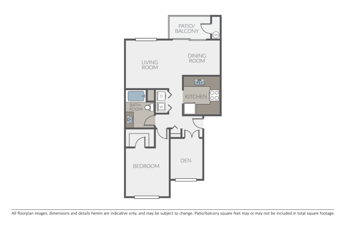 Floorplan diagram for 1 Bed 1 Bath Den A, showing 1 bedroom