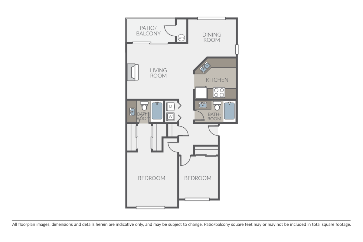 Floorplan diagram for 2 Bed 2 Bath B, showing 2 bedroom