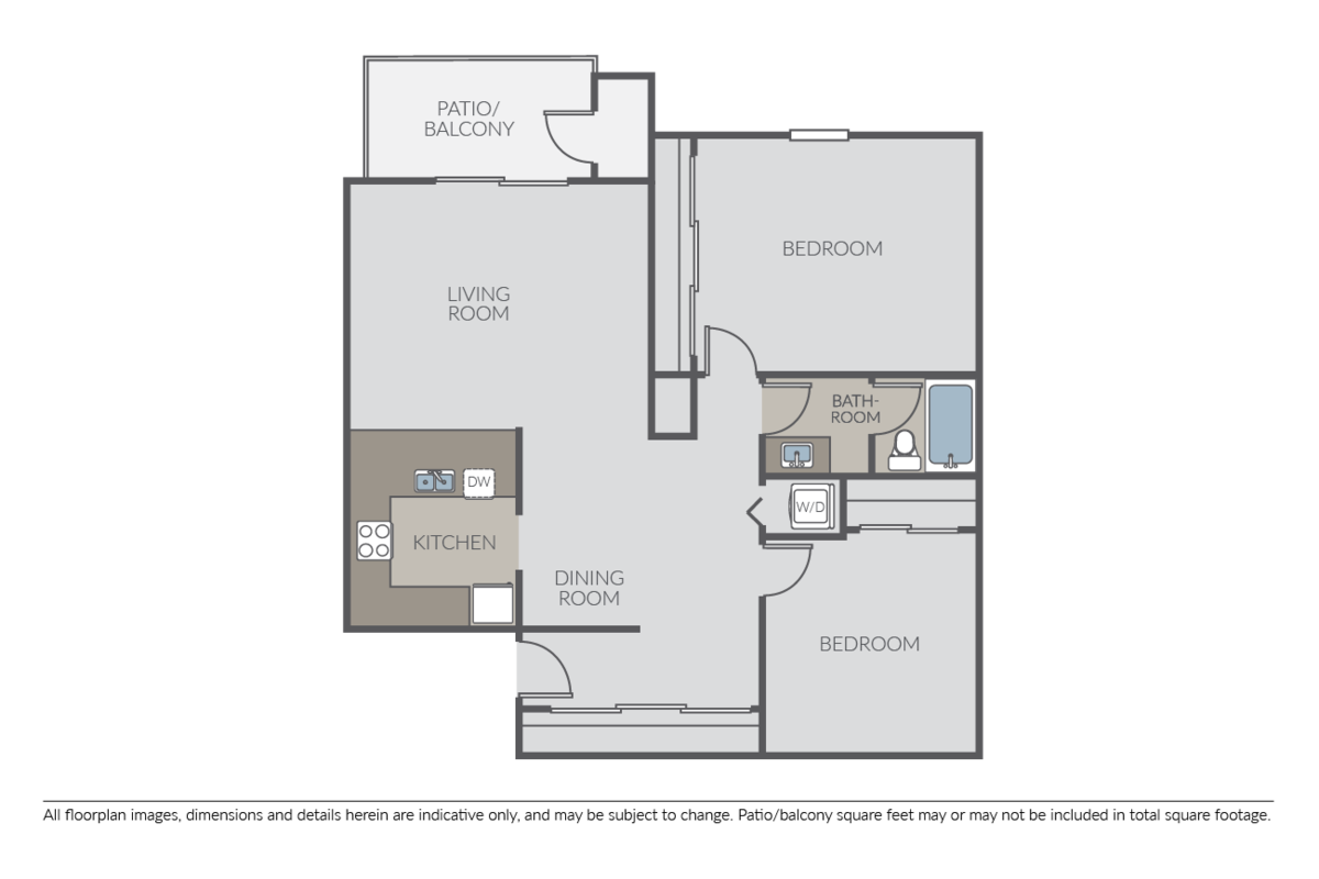 Floorplan diagram for 2 Bed 1 Bath B, showing 2 bedroom