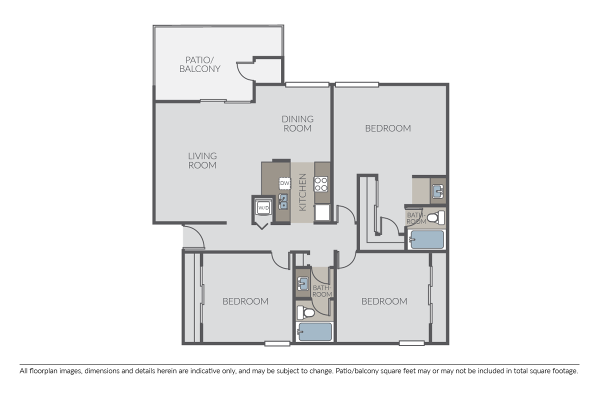 Floorplan diagram for 3 Bed 2 Bath A, showing 3 bedroom