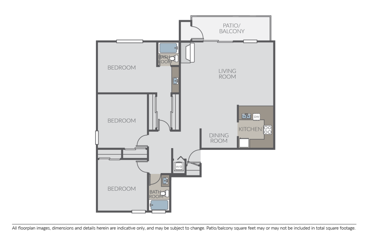 Floorplan diagram for 3 Bed 2 Bath C, showing 3 bedroom