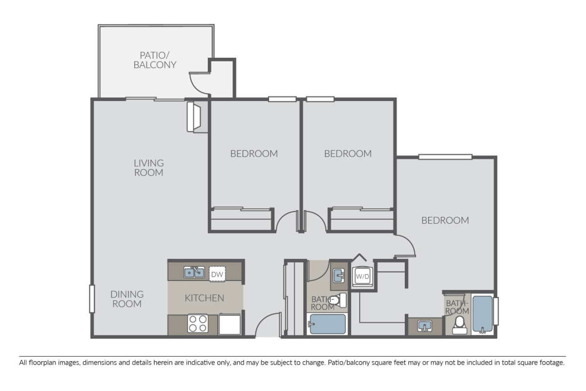 Floorplan diagram for 3 Bed 2 Bath B, showing 3 bedroom