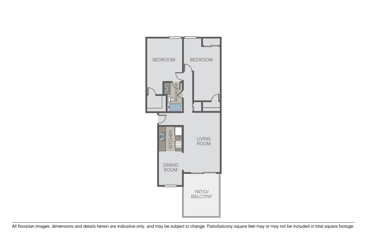Floorplan diagram for 2 Bed 1 Bath (A), showing 2 bedroom