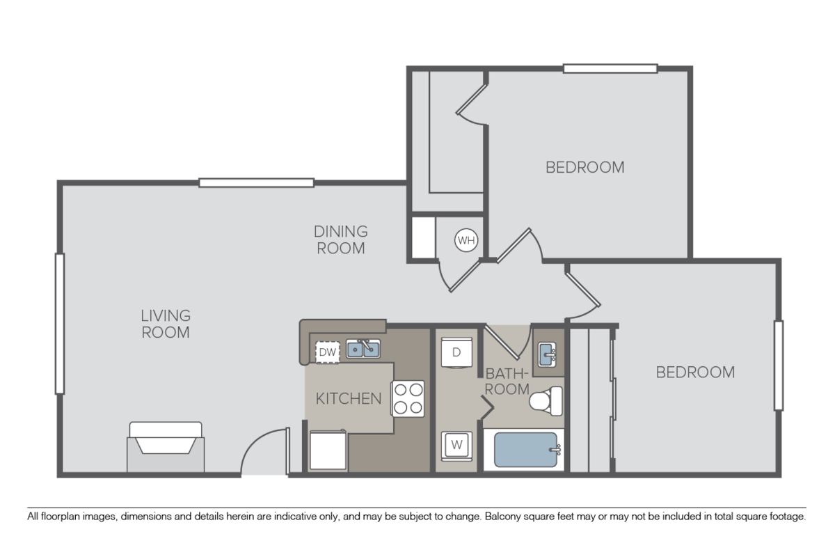 Floorplan diagram for 2 Bed 1 Bath, showing 2 bedroom