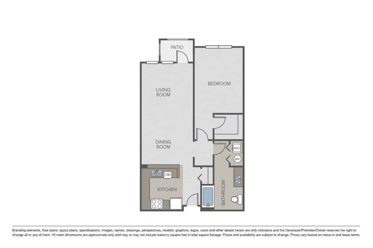 Floorplan diagram for 1 Bed 1 Bath E, showing 1 bedroom