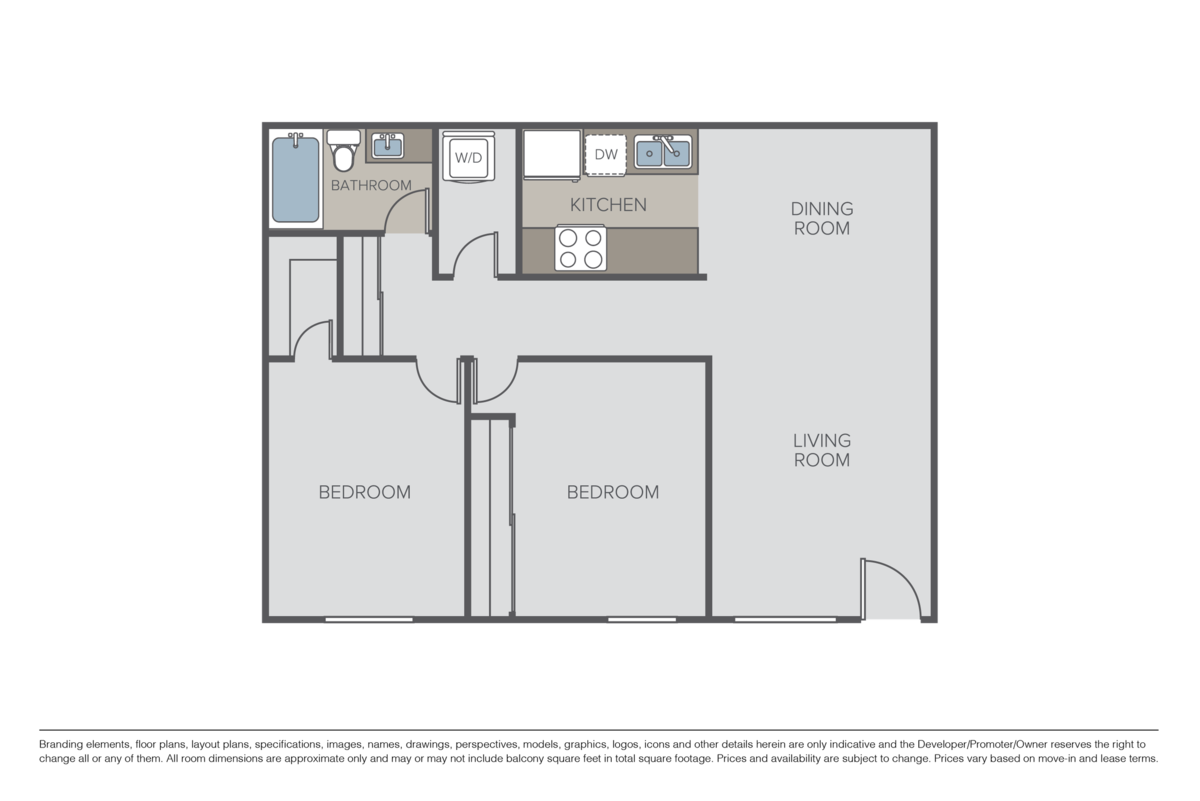 Floorplan diagram for 2 Bed 1 Bath, showing 2 bedroom