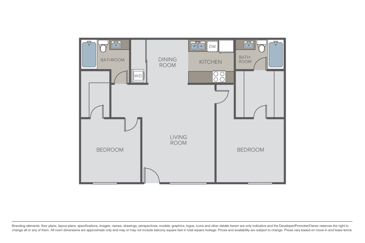 Floorplan diagram for 2 Bed 2 Bath, showing 2 bedroom