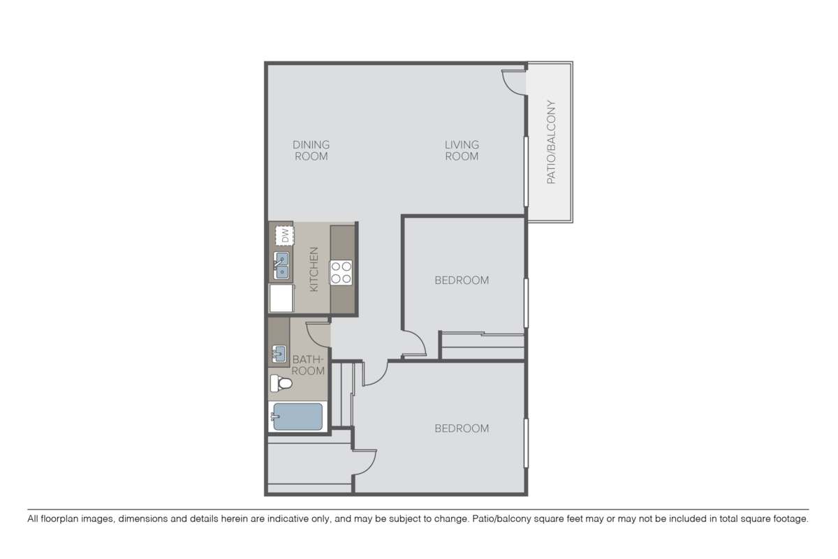 Floorplan diagram for 2 Bedroom 1 Bath, showing 2 bedroom