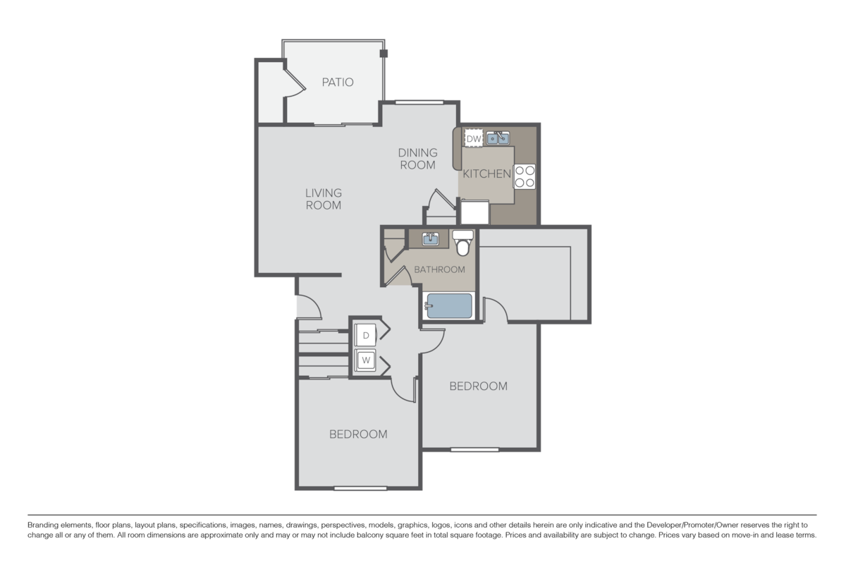 Floorplan diagram for 2 Bed 1 Bath - B2, showing 2 bedroom