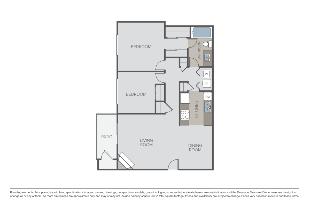 Floorplan diagram for 2 Bed 1 Bath - B1, showing 2 bedroom