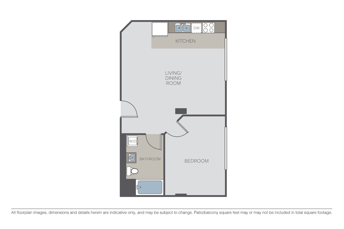 Floorplan diagram for 1 Bed, 1 Bath, showing 1 bedroom