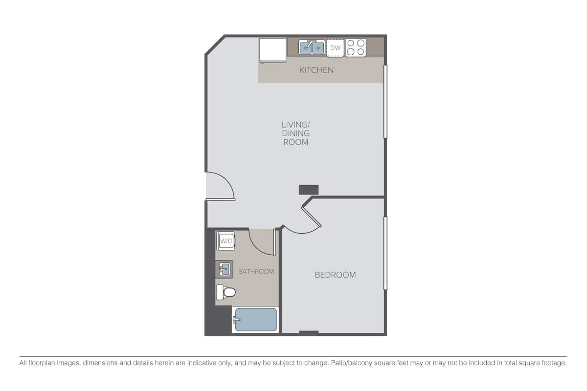 Floorplan diagram for 1 Bed, 1 Bath, showing 1 bedroom