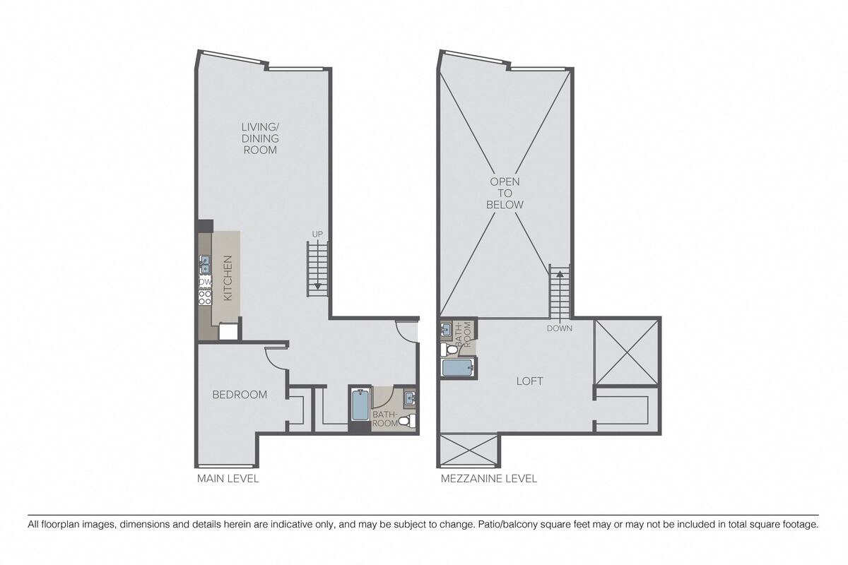 Floorplan diagram for 1 Bedroom, 2 Bath Loft, showing 1 bedroom