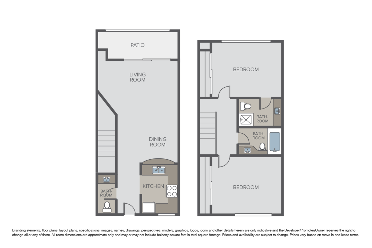 Floorplan diagram for 2 Bed 2.5 Bath Townhome, showing 2 bedroom