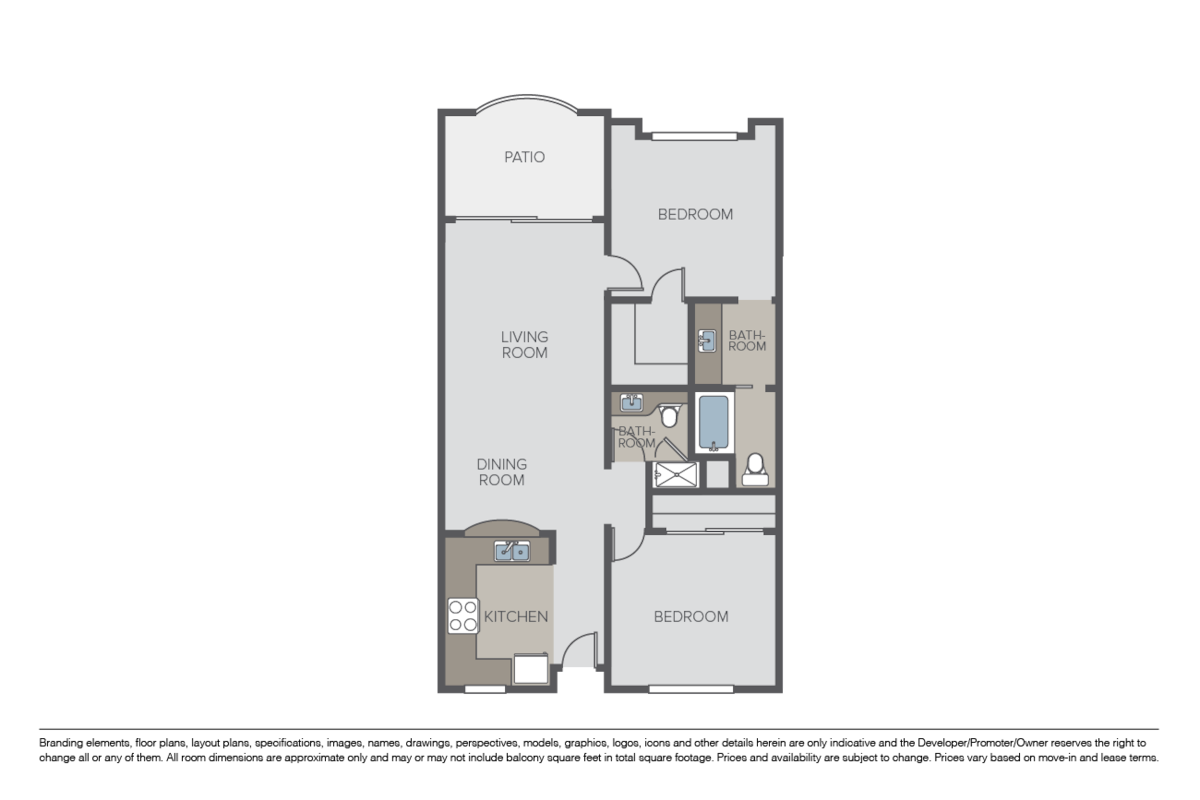 Floorplan diagram for 2 Bed 2 Bath (B), showing 2 bedroom