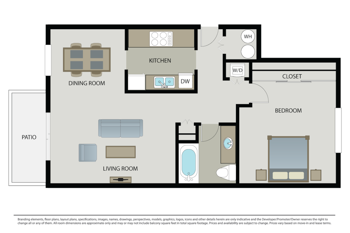 Floorplan diagram for 1 Bed 1 Bath (B), showing 1 bedroom