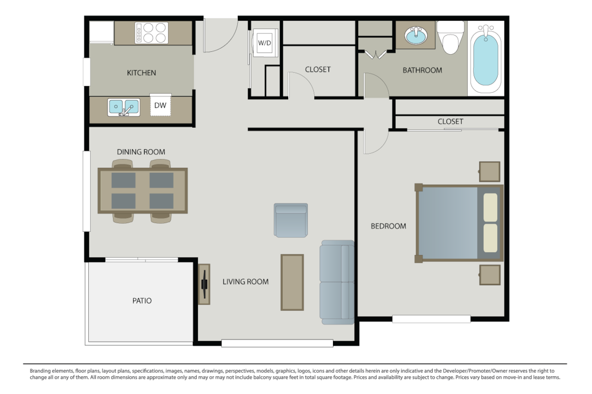 Floorplan diagram for 1 Bed 1 Bath (C), showing 1 bedroom