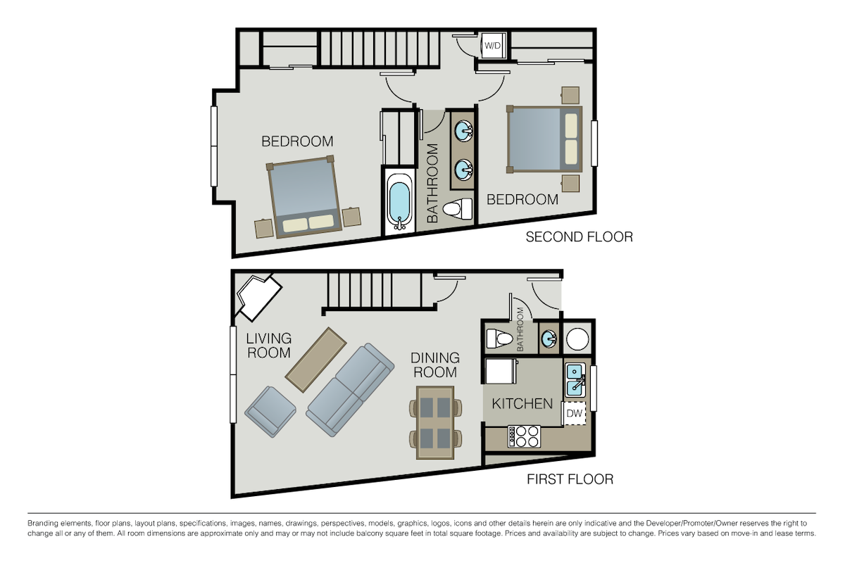 Floorplan diagram for Plan 2B Townhome, showing 2 bedroom