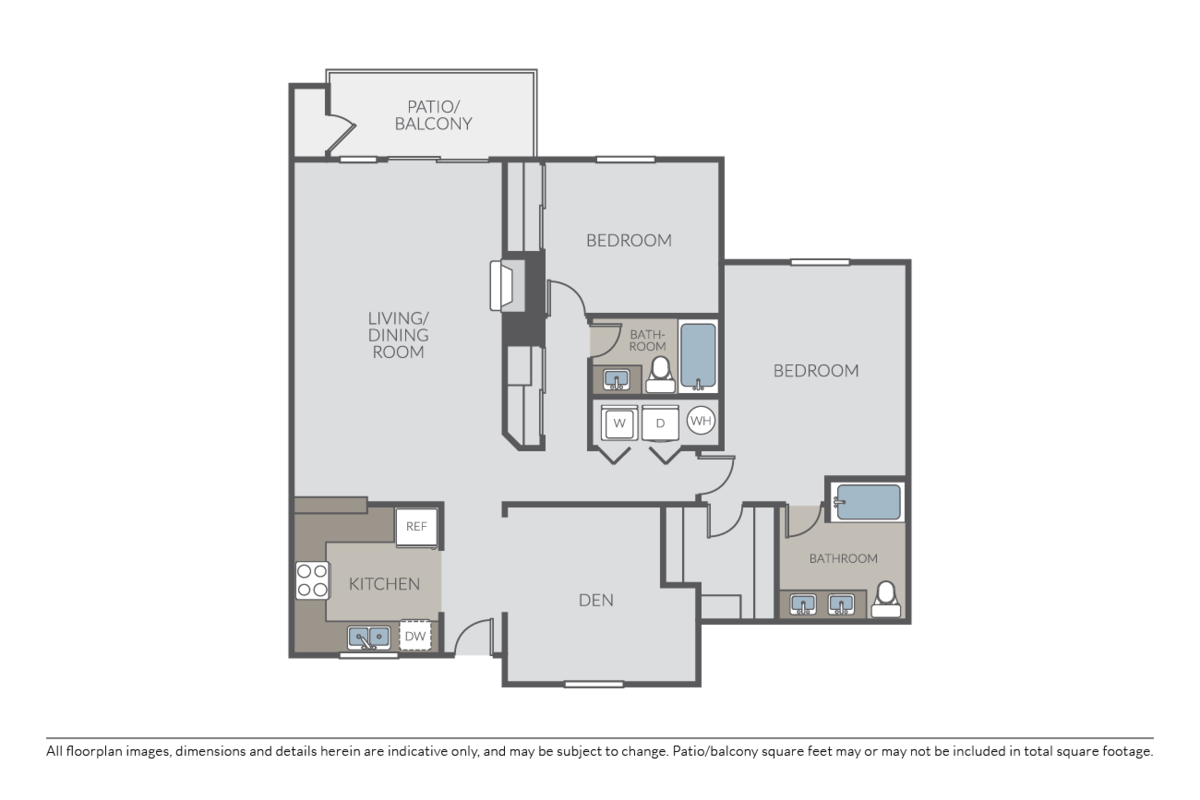 Floorplan diagram for 2 Bed 2 Bath + Den, showing 2 bedroom