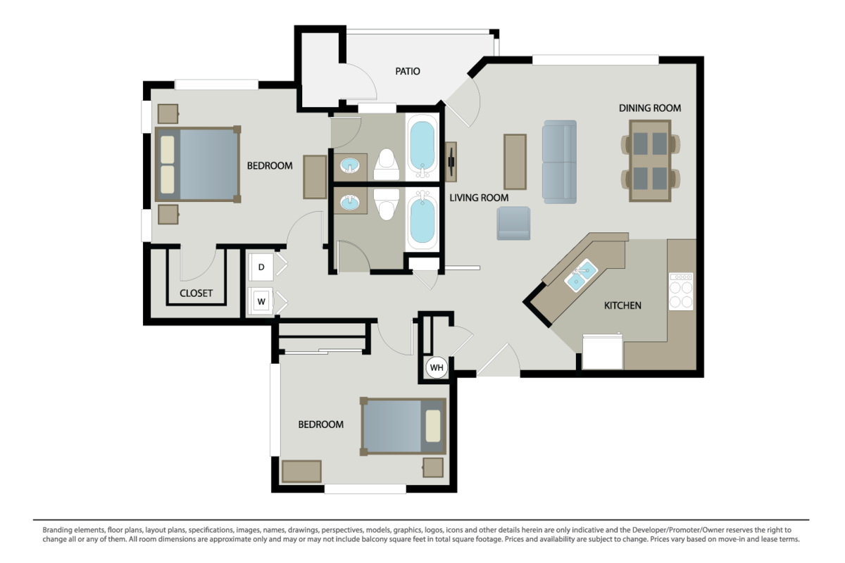 Floorplan diagram for 2 Bed 2 Bath Small, showing 2 bedroom