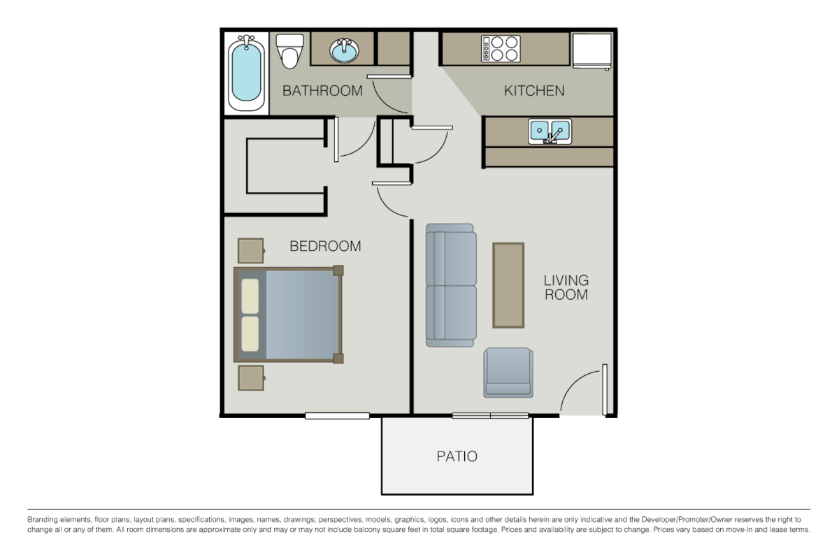 Floorplan diagram for 1 Bed 1 Bath, showing 1 bedroom