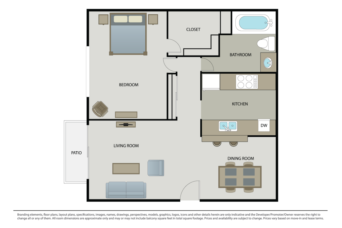 Floorplan diagram for 1 Bed 1 Bath, showing 1 bedroom