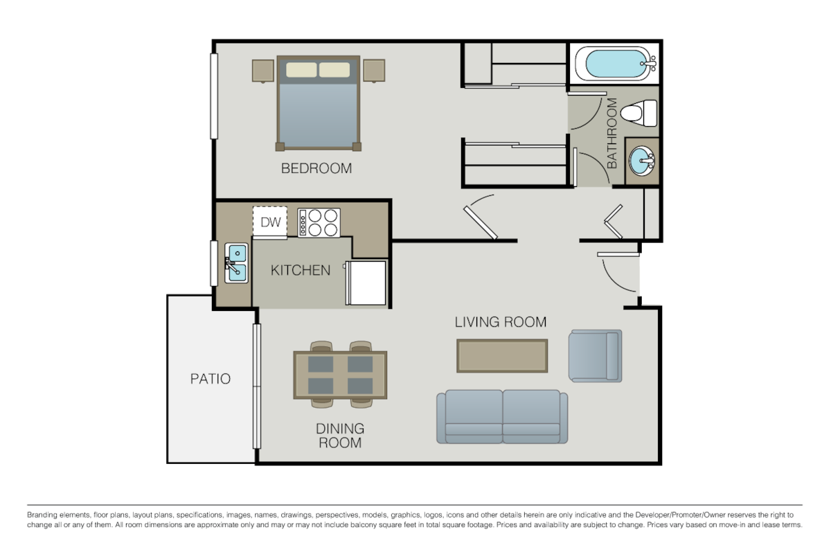 Floorplan diagram for 1 Bed 1 Bath, showing 1 bedroom