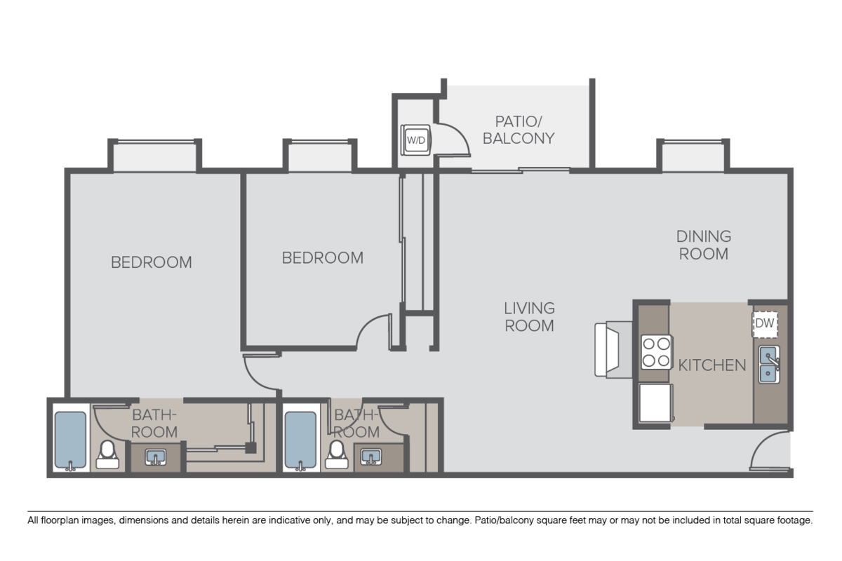 Floorplan diagram for 2 Bed 2 Bath (EL), showing 2 bedroom