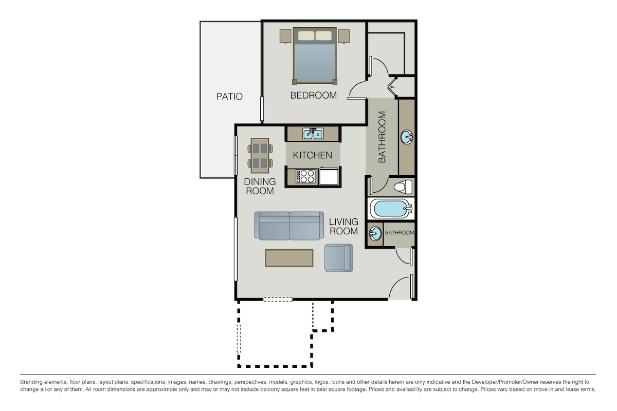 Floorplan diagram for The Miramar + Den, showing 1 bedroom
