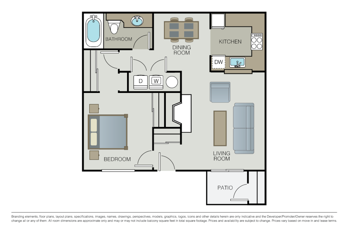Floorplan diagram for 1 Bed 1 Bath, showing 1 bedroom