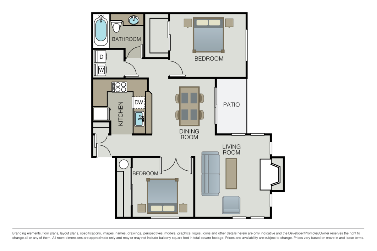 Floorplan diagram for 2 Bed 1 Bath, showing 2 bedroom