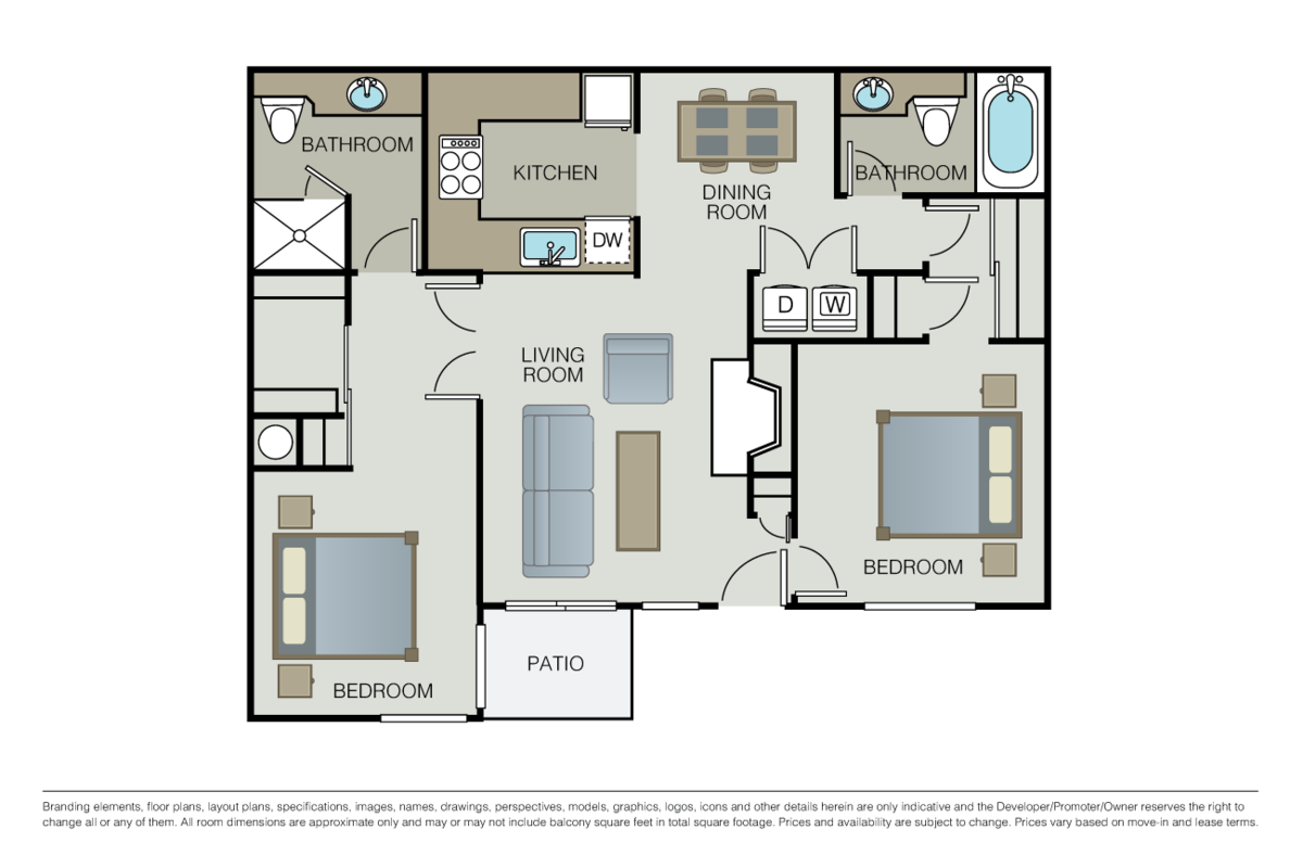 Floorplan diagram for 2 Bed 2 Bath, showing 2 bedroom