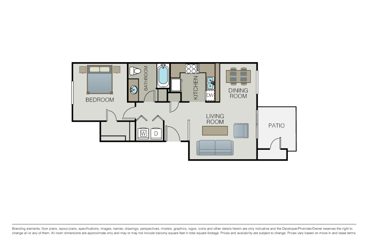 Floorplan diagram for 1 Bed 1 Bath, showing 1 bedroom