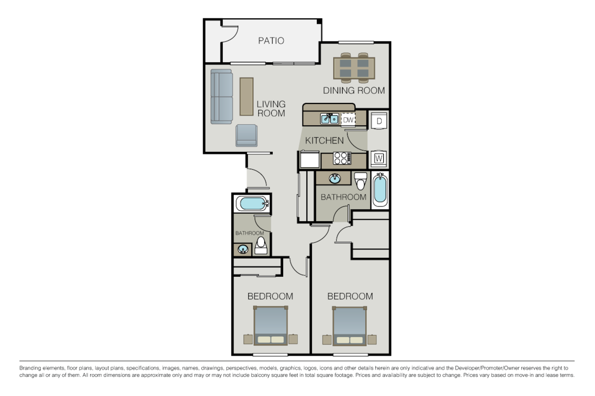 Floorplan diagram for 2 Bed 2 Bath, showing 2 bedroom