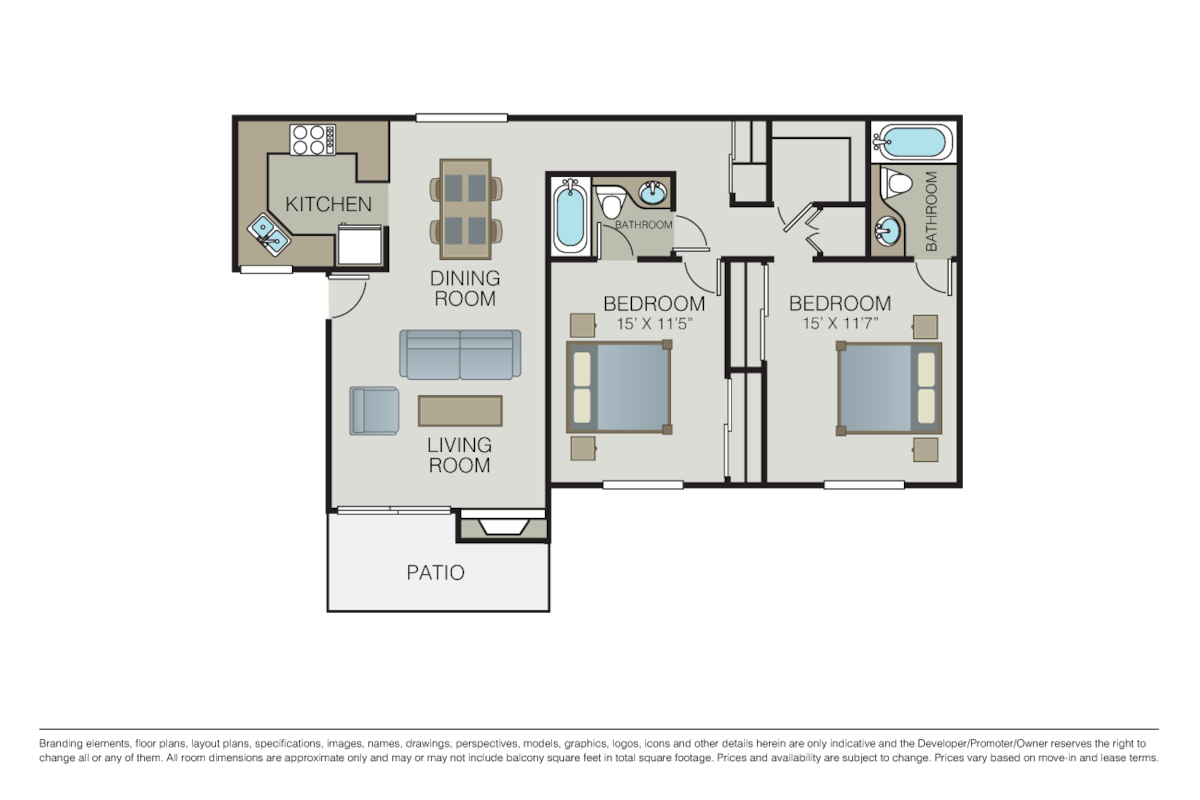 Floorplan diagram for 2 Bed 2 Bath, showing 2 bedroom