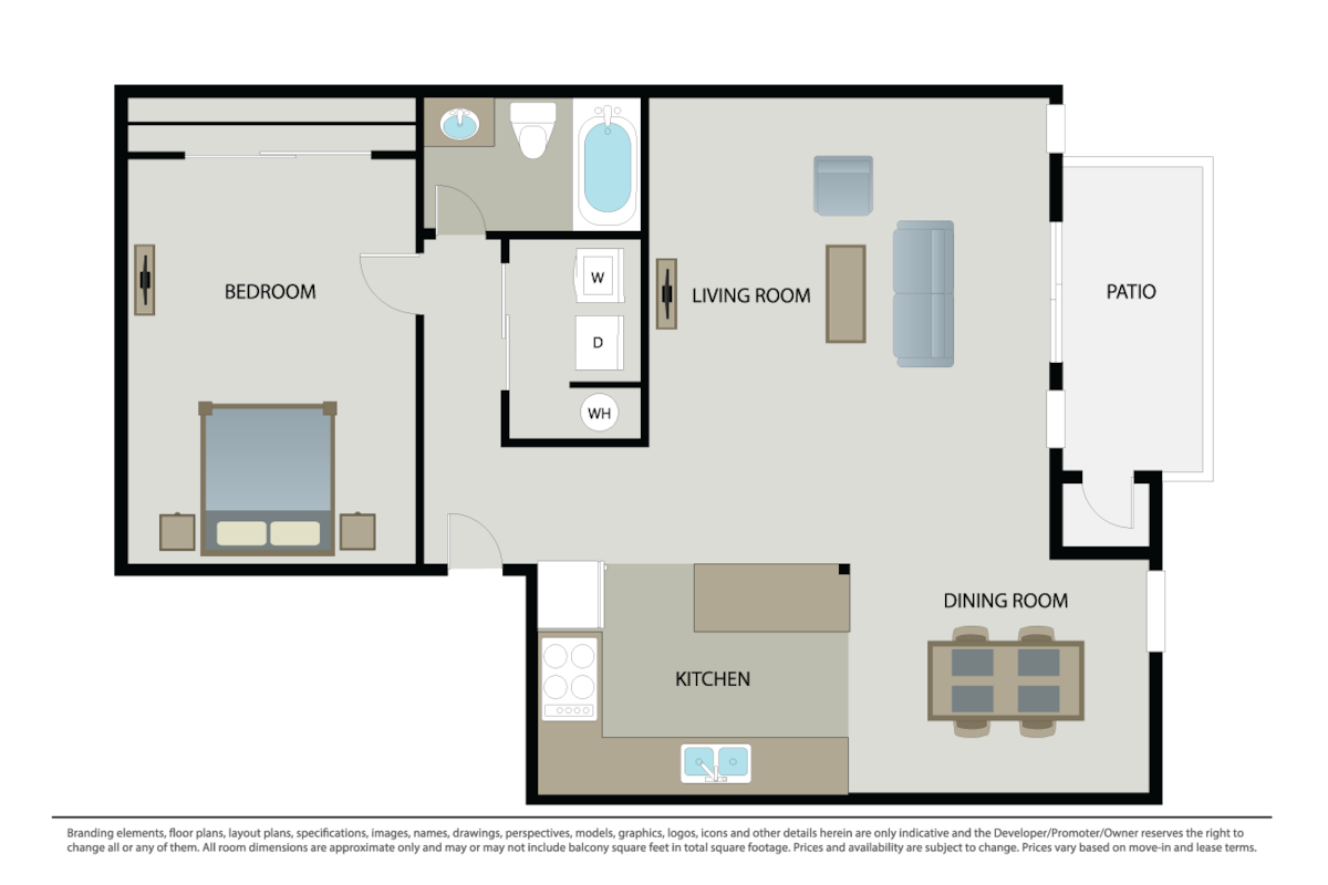 Floorplan diagram for 1 Bed 1 Bath (D), showing 1 bedroom