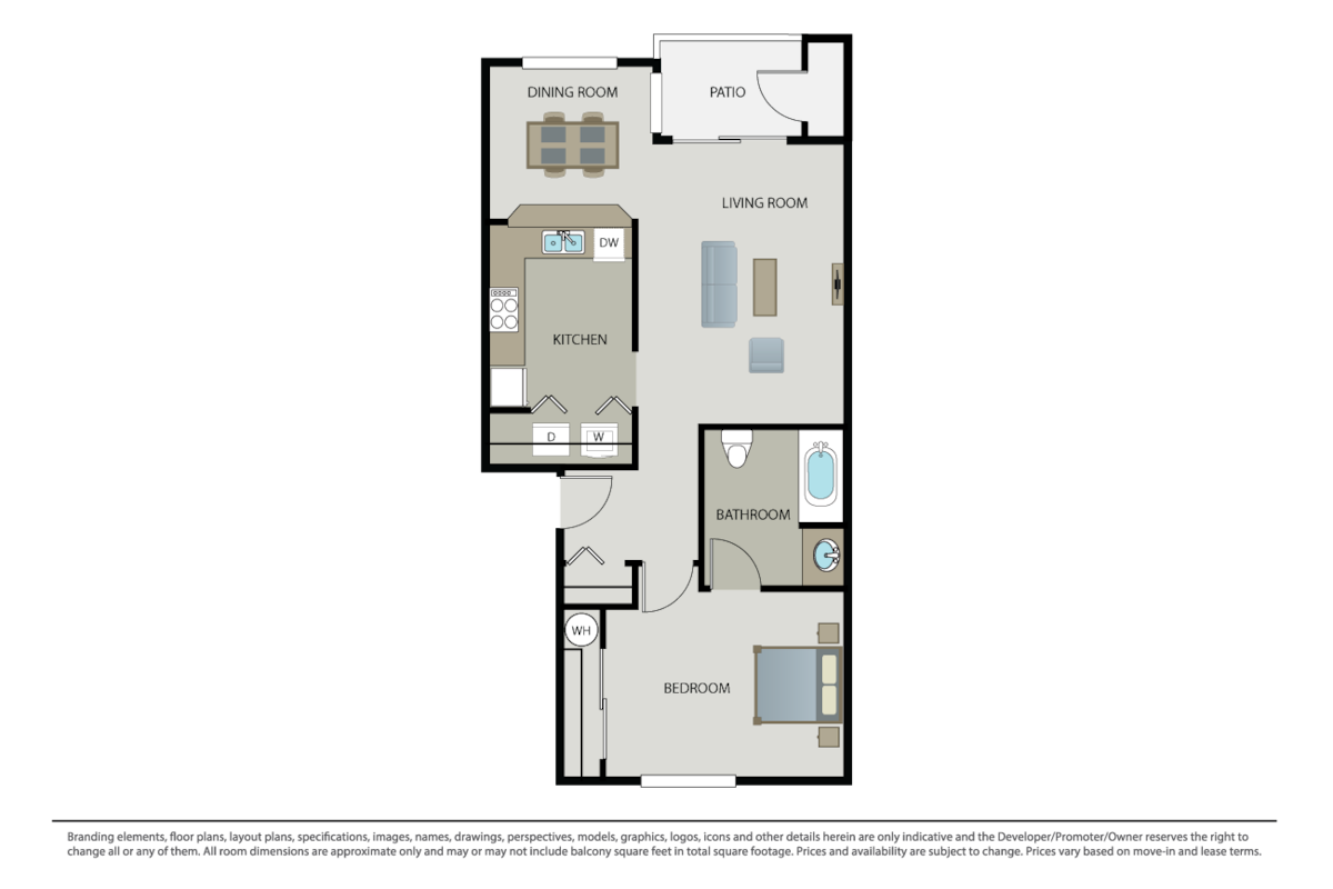 Floorplan diagram for 1 Bed 1 Bath, showing 1 bedroom