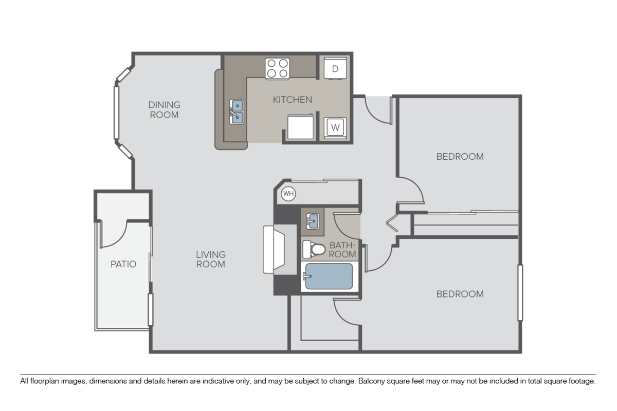 Floorplan diagram for 2 Bed 1 Bath, showing 2 bedroom