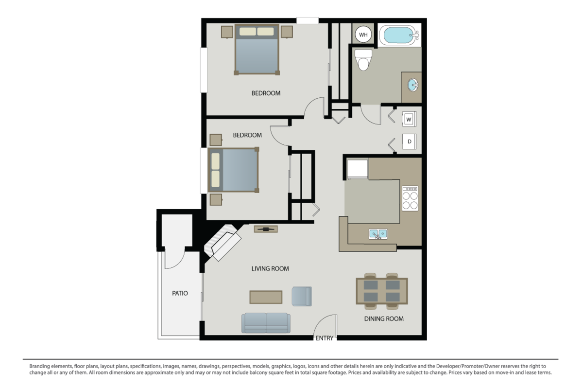 Floorplan diagram for 2 Bed 1 Bath S, showing 2 bedroom
