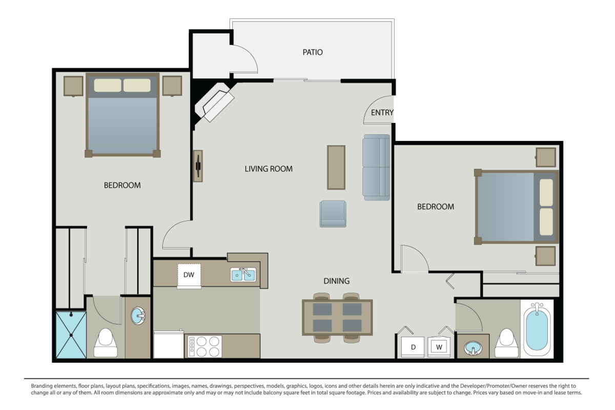 Floorplan diagram for 2 Bed 2 Bath B, showing 2 bedroom