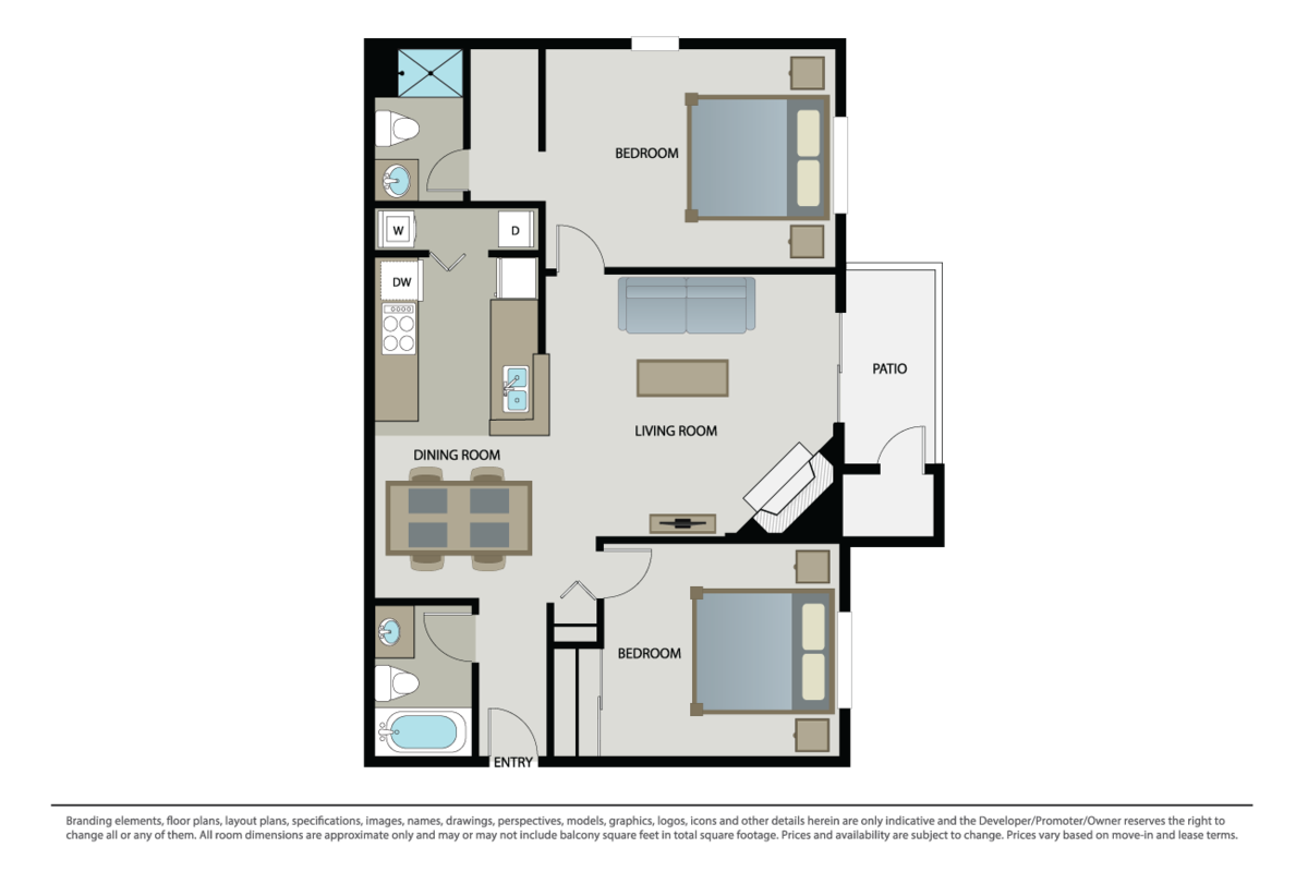 Floorplan diagram for 2 Bed 2 Bath C, showing 2 bedroom