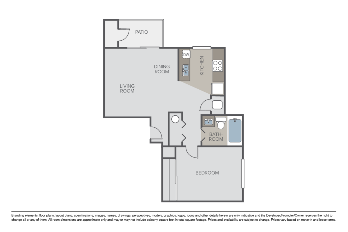 Floorplan diagram for 1 Bed 1 Bath B, showing 1 bedroom
