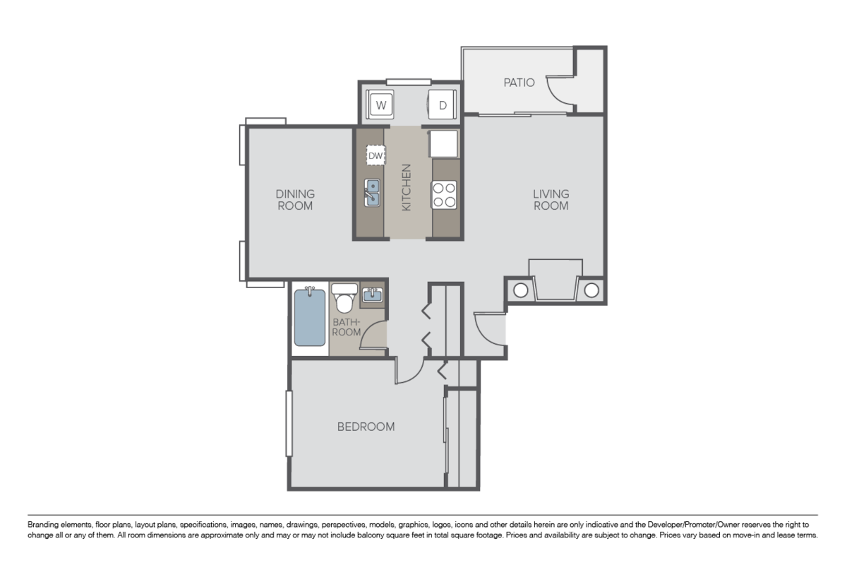 Floorplan diagram for 1 Bed 1 Bath A, showing 1 bedroom