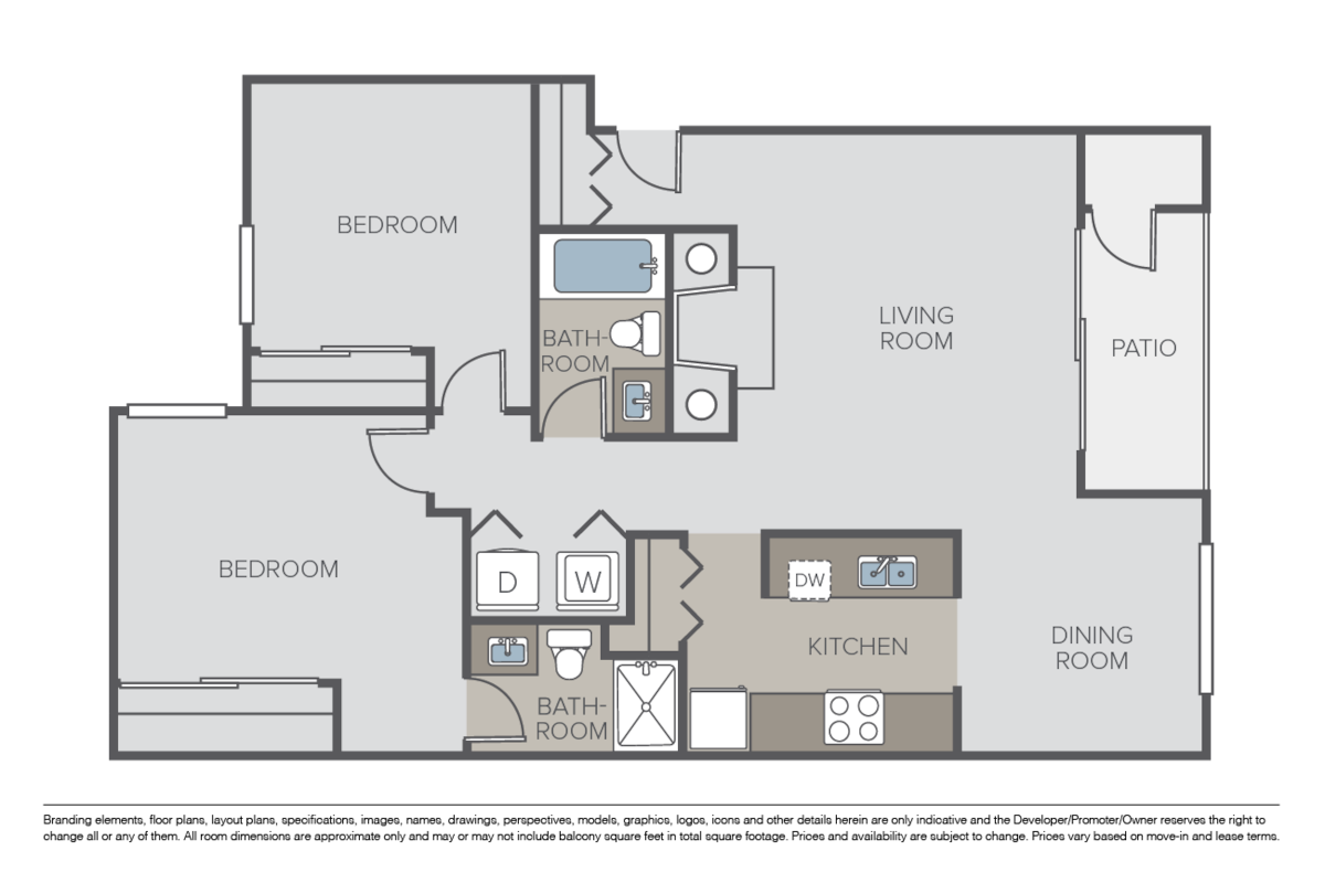 Floorplan diagram for 2 Bed 2 Bath, showing 2 bedroom
