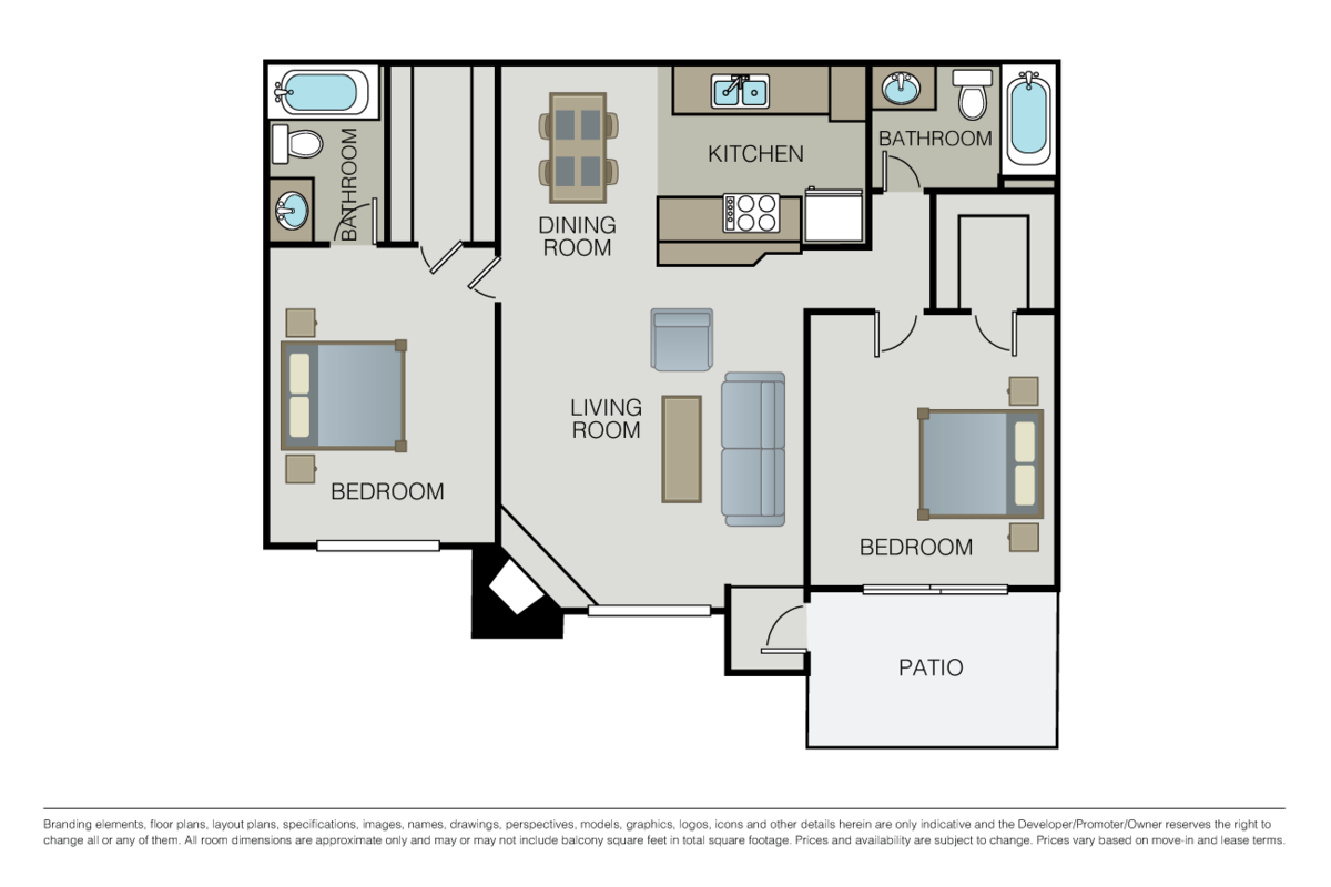 Floorplan diagram for 2 Bed 2 Bath, showing 2 bedroom