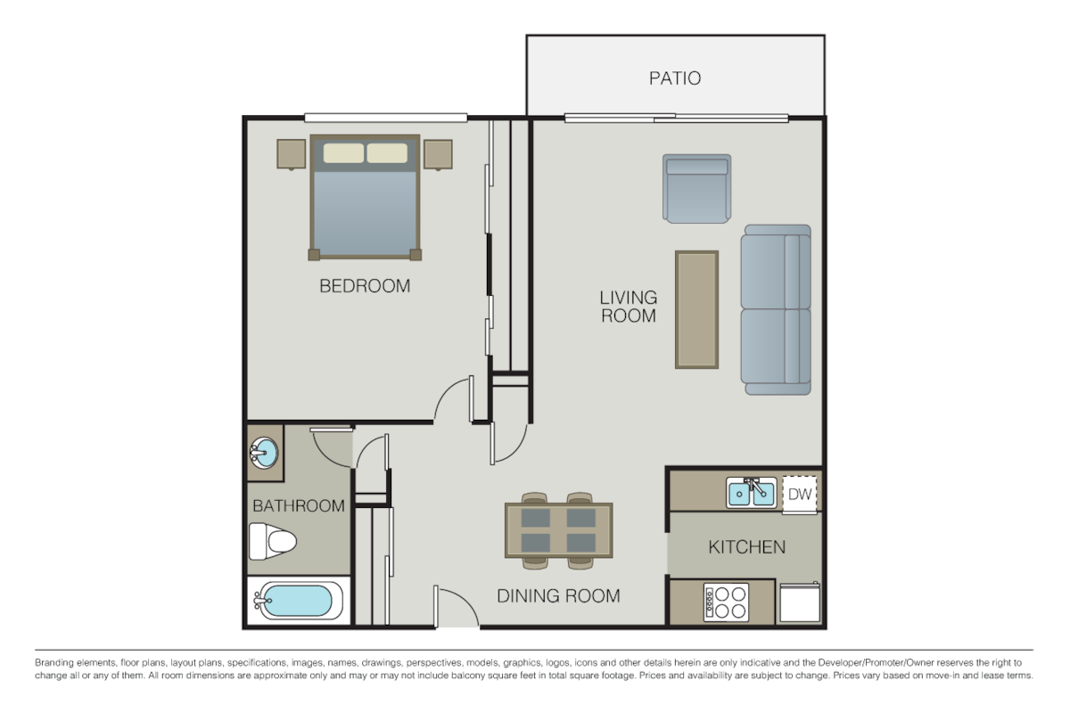 Floorplan diagram for 1 Bed 1 Bath, showing 1 bedroom