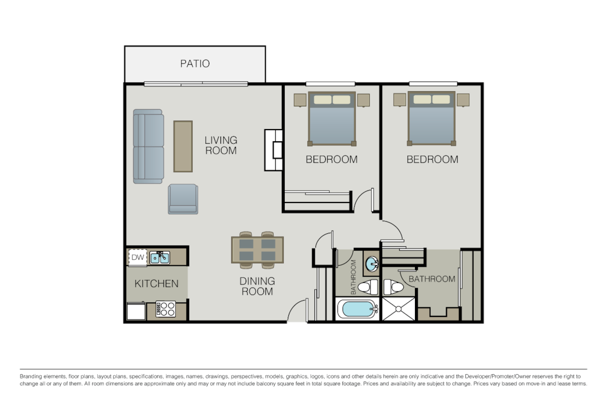 Floorplan diagram for 2 Bed 2 Bath, showing 2 bedroom