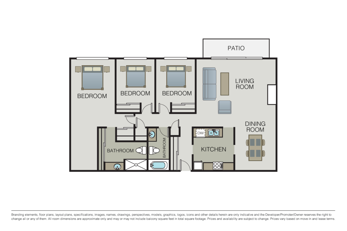 Floorplan diagram for 3 Bed 2 Bath A, showing 3 bedroom